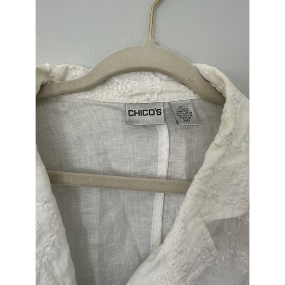Chico’s White Linen Embroidered Button-Down Blouse Women’s 2 Boho Cottage Top - Picture 5 of 10
